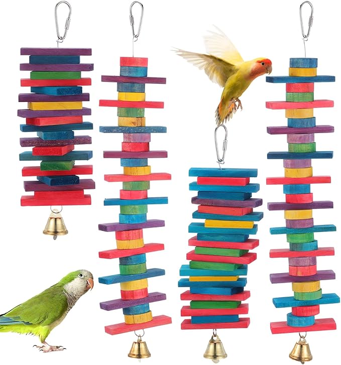 4 Pcs Parrot Toys, Birds Toys with Multicolored Natural Wood Blocks, Bird Chew Toys with Hook and Bell, Bird Cage Toys for Conures, Parakeets, Cockatiels, Lovebirds, African Grey Macaws, 2 Designs