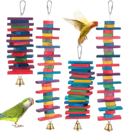 4 Pcs Parrot Toys, Birds Toys with Multicolored Natural Wood Blocks, Bird Chew Toys with Hook and Bell, Bird Cage Toys for Conures, Parakeets, Cockatiels, Lovebirds, African Grey Macaws, 2 Designs