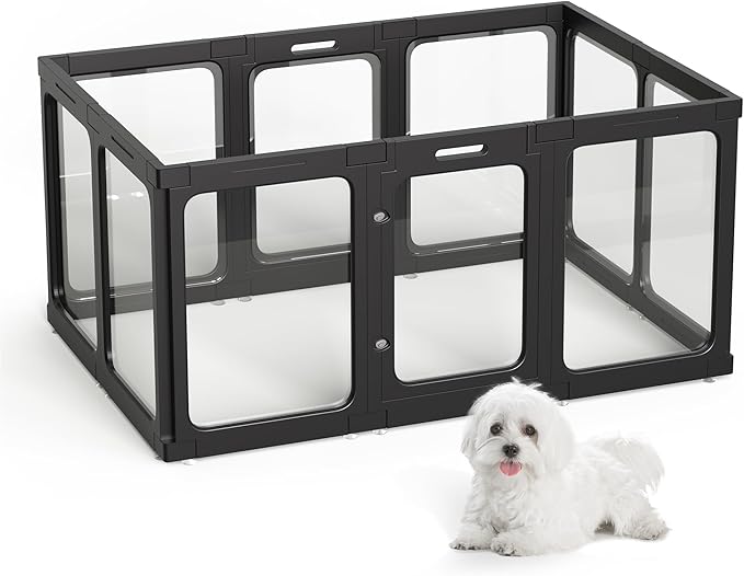 Acrylic Dog Playpen Indoor, 10 PCS Plastic Puppy Playpen with Door, Clear PlayPen for Dog Cat Rabbit Ferret, Preferable Small Dog Cage, Easy Assemble Pet Pen, 50" L x 33.5" W x 24" H, Black