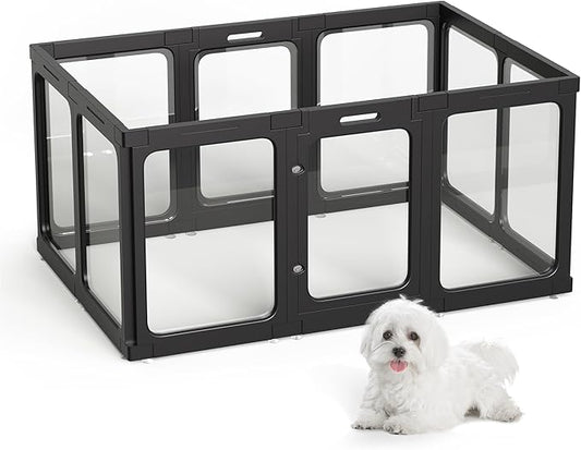 Acrylic Dog Playpen Indoor, 10 PCS Plastic Puppy Playpen with Door, Clear PlayPen for Dog Cat Rabbit Ferret, Preferable Small Dog Cage, Easy Assemble Pet Pen, 50" L x 33.5" W x 24" H, Black