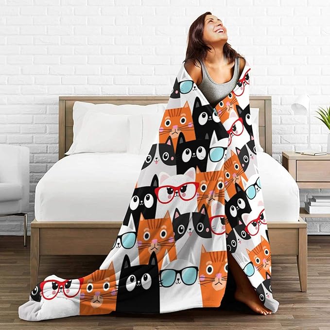 Cute Cat Blanket Animals Pet Pattern Gifts for Cat Lovers Kawaii Soft Lightweight Flannel Throw Blankets for Kids Adults 50"x40"Small For Kids