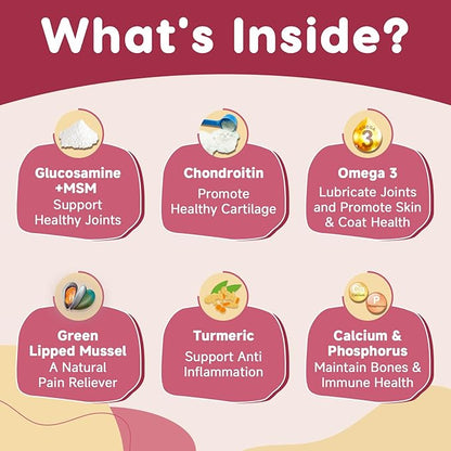 Glucosamine for Dogs - Joint Supplement for Dogs with Chondroitin, MSM, Omega 3, Hemp, Turmeric for Dog Joint Pain Relief, Dog Joint Supplement with Calcium Support Cartilage & Bone Health, 180 Chews