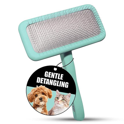 Tauro Pro Line Wooden Deshedding Dog Brush for Long Goldendoodle, Labradoodle & Poodle Hair - Mint Slicker Brush for Dog & Cat Grooming - Rectangular Flexible Cushion & Non-Slip Grip, L