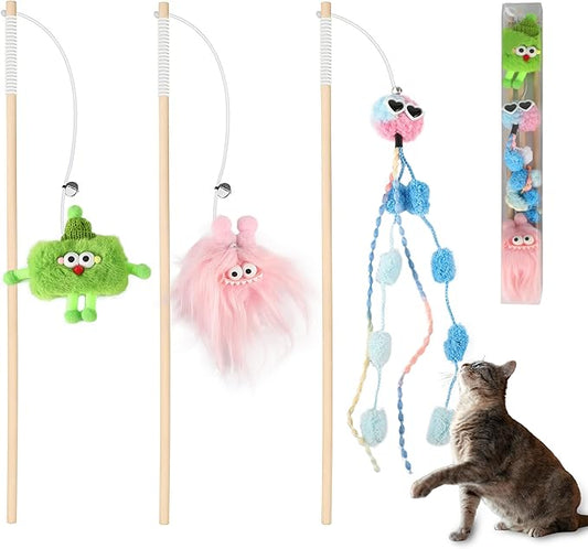 Elastic Plush Cat Wand Toy Funny Interactive Cat Fishing Pole Toy with Bell Soft Natural Wood Kitten String Toys for Indoor Cats Kittens Bored Cats (3 Pack)