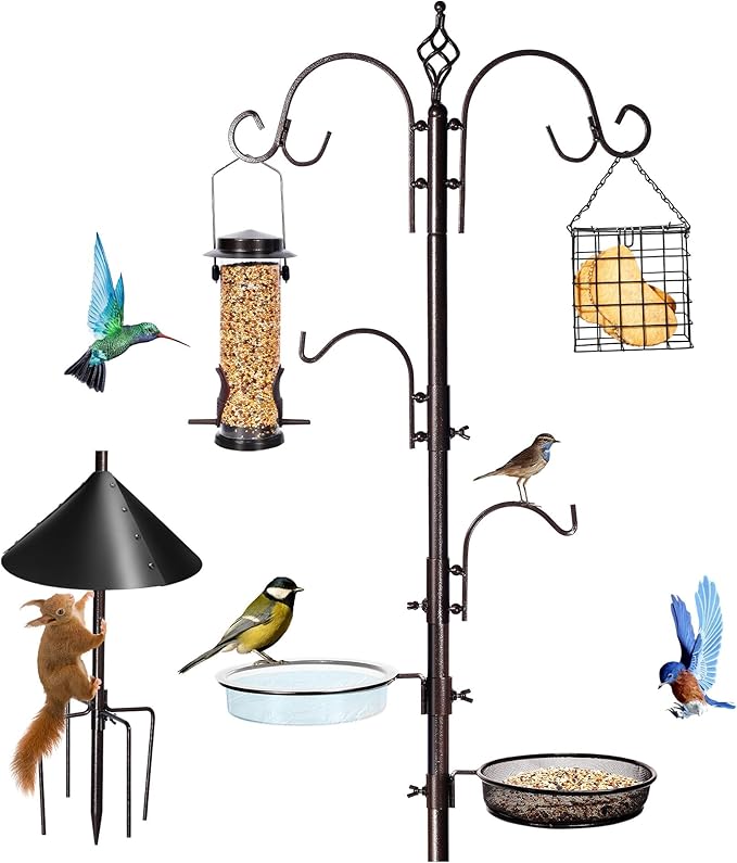 Bird Feeding Station Kit, 87 Inches Bird Feeder Pole, Premium Feeder Hanging Kit with Metal Suet, Water Bowl, Mesh Tray and Squirrel Baffle
