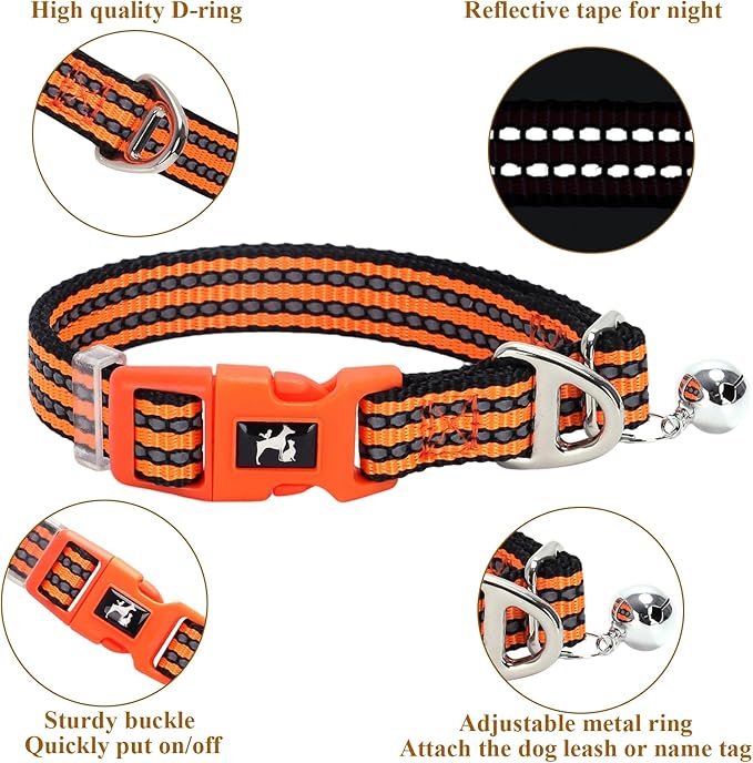 Adjustable Reflective XS/XXS Dog Collar with Bell - Nylon Puppy Collar for Chihuahua, Pomeranian, Small Dogs, Nighttime Safety, Orange XS