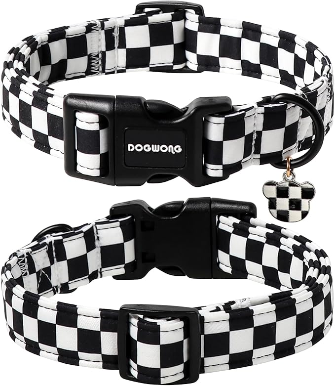 DOGWONG Checkered Dog Collar, Black Plaid Dog Collar Adjustable Soft Natural Fabric Pet Dog Collars Cute Puppy Necklace for Small Medium Large Dogs