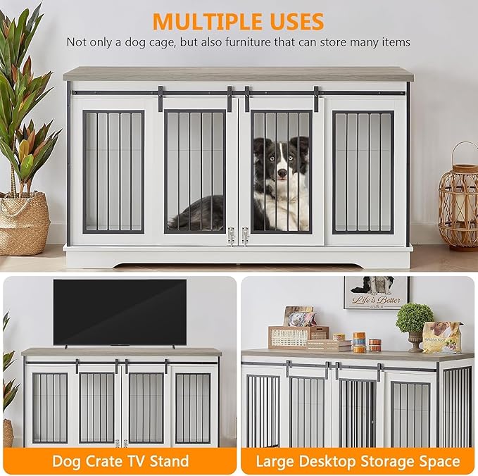 60.6 Inch Double Dog Crate with Divider, 2-in-1 Heavy Duty Dog Crate TV Stand with 2 Sliding Doors and Thick Iron, Indoor Dog House for 2 Dogs (White)