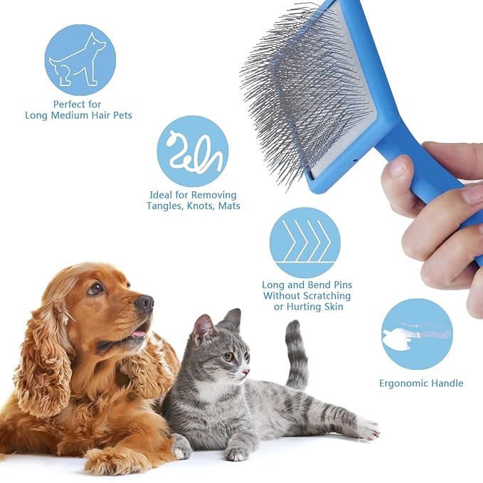 Dog Slicker Brush for Long Haired Dogs Doodle Brush for Dogs Large Dog Slicker Brush for Goldendoodles with Ergonomic Solid Wooden Handle Long Pin Grooming Brush for Dogs (Blue)