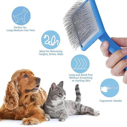 Dog Slicker Brush for Long Haired Dogs Doodle Brush for Dogs Large Dog Slicker Brush for Goldendoodles with Ergonomic Solid Wooden Handle Long Pin Grooming Brush for Dogs (Blue)
