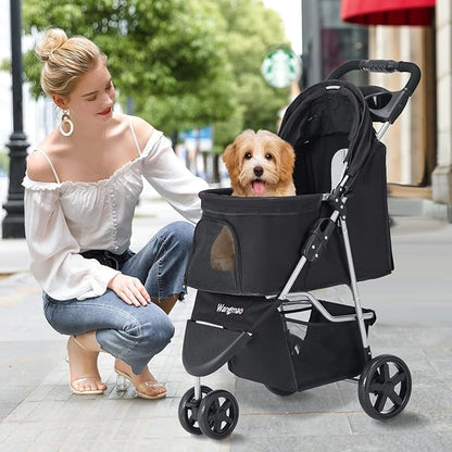 Pet Stroller, Cat Dog Stroller with Storage Basket Foldable Lightweight Dog Carrier Trolley Jogging Stroller, 3 Wheel, Balck