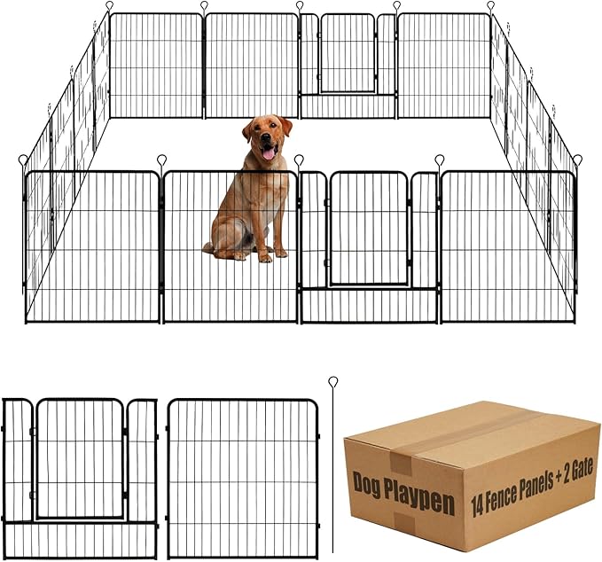 Dog Playpen,32 in(H) Pet Fence Outdoor for Rv Camping,Garden Fence Animal Barrie for Yard,Total 16 Panels with Gate 37.3Ft(L) Black Metal Temporary Fencing