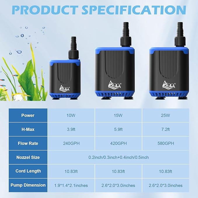 AQQA DC Aquarium Water Pump with Controller,4 Flow Adjustable,Feed Mode,IP68 Submersible Quiet Fish Tank Pump,3 Nozzles for Pond Fountain Statuary Hydroponics Freshwater Saltwater 10W 110V-240V