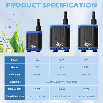AQQA DC Aquarium Water Pump with Controller,4 Flow Adjustable,Feed Mode,IP68 Submersible Quiet Fish Tank Pump,3 Nozzles for Pond Fountain Statuary Hydroponics Freshwater Saltwater 10W 110V-240V