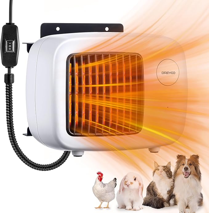Dreyoo Dog House Heater with Thermostat, Pet House Heater with 6FT Anti Chew Cord and Safe Overheat Protection, 2 Heating Mode (200/400W) Pet House Furnace for Dogs Chicken Coops Rabbits (White,1 Pc)