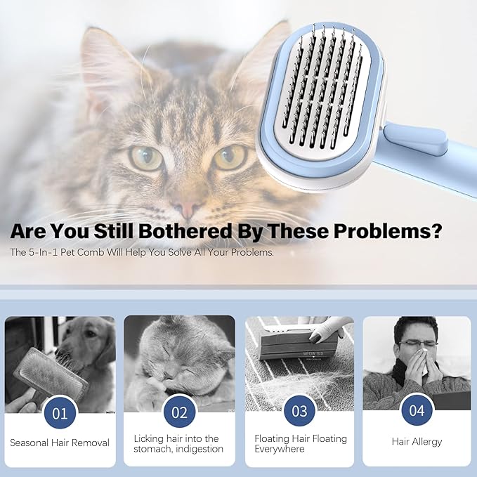5-In-1 Multifunctional Pet Grooming Set Needle Brush, Hair Brush, Hair Removal Comb, Bath Massage Brush, In Addition To Loose Hair, For Cats & Dogs (Blue)