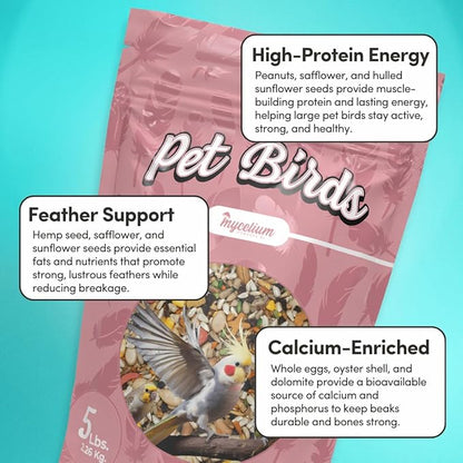 Mycelium Large Pet Bird Food | Clean & Safe Bird Seed Mix for Macaws, Cockatoos, Parrots | High in Protein & Fat with Egg, Corn, Vitamins, Peanuts & Hemp Seed | Organic & Non-GMO 5 lb Bag