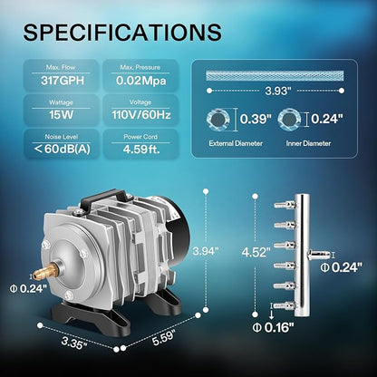 VIVOSUN 317GPH Commercial Air Pump 15W 6 Outlet 20 L/Min for Aquarium and Hydroponic Systems
