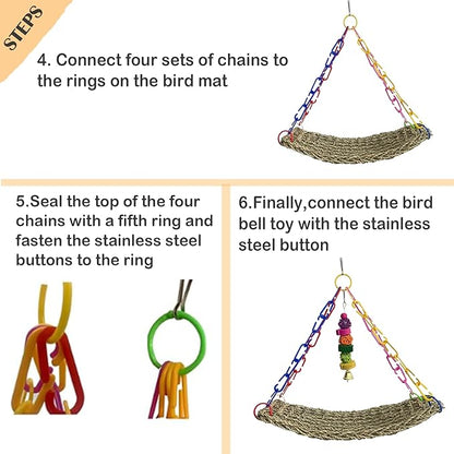 kathson Bird Seagrass Mat,Birds Swing Toy,Natural Grass Handmade Woven Hammock Hanging Parrot Lounger with Colour Toys for Lovebird,Cockatiel,Canary,Parakeets,Finch,Budgie (2 Pcs)
