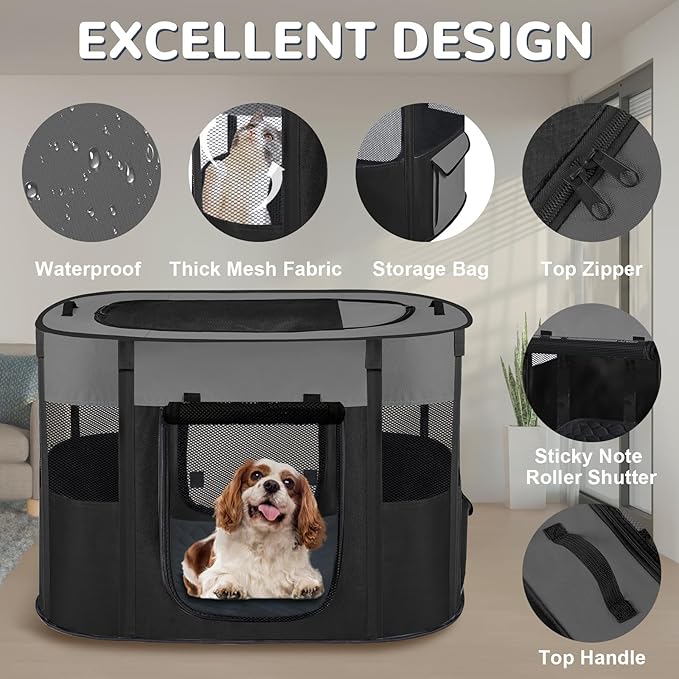 Portable Dog Playpen,Foldable Dog Cat Kennel Tent Cage,Dog Cat Rabbit Crates for Travel Water-Resistant Breathable Shade Cover,Indoor Outdoor Travel Camping Use for Small Puppy Pet Grey L