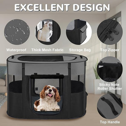 Portable Dog Playpen,Foldable Dog Cat Kennel Tent Cage,Dog Cat Rabbit Crates for Travel Water-Resistant Breathable Shade Cover,Indoor Outdoor Travel Camping Use for Small Puppy Pet Grey L