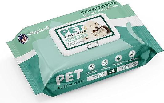 MAGICARE Dog Wipes for Paws, Butt, Ears & Eyes  100 Extra Wet & Thick Unscented Grooming Pet Wipes for Dogs & Cats  Deodorizing, Hypoallergenic  Made in USA