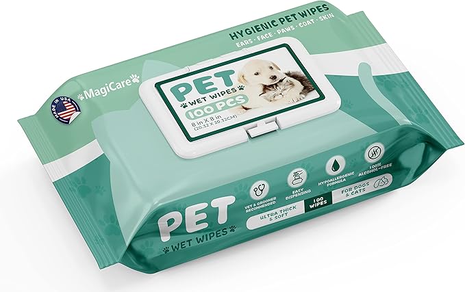 MAGICARE Dog Wipes for Paws, Butt, Ears & Eyes  100 Extra Wet & Thick Unscented Grooming Pet Wipes for Dogs & Cats  Deodorizing, Hypoallergenic  Made in USA