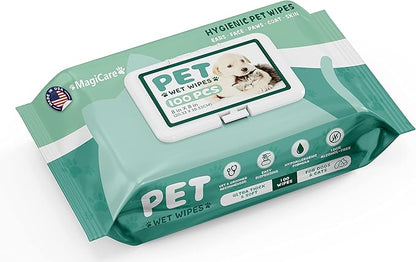 MAGICARE Dog Wipes for Paws, Butt, Ears & Eyes  100 Extra Wet & Thick Unscented Grooming Pet Wipes for Dogs & Cats  Deodorizing, Hypoallergenic  Made in USA