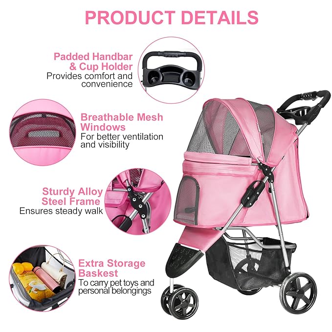 Dog Stroller for Small Dogs, Portable Pet Stroller for Cats Folding Puppy Stroller Lightweight Dog Cat Cage Jogger Stroller with Storage Basket and Cup Holder, 3 Wheels, Pink