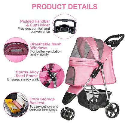 Dog Stroller for Small Dogs, Portable Pet Stroller for Cats Folding Puppy Stroller Lightweight Dog Cat Cage Jogger Stroller with Storage Basket and Cup Holder, 3 Wheels, Pink