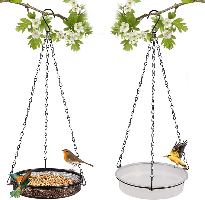 2-in-1 Set Hanging Bird Feeder and Bath for Outdoor, Small Metal Tray Perfect for Attracting Bird