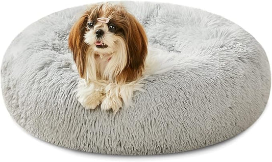 2021 Upgraded Western Home Round Dog Bed for Small Dogs, Calming Donut Cuddler Pet Bed,Fluffy Plush Faux Fur Cat Bed(24", Grey)