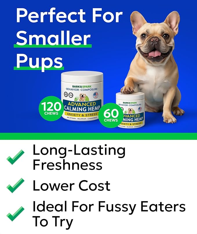 BARK&SPARK Advanced Calming Chews for Dogs - Hemp Chew + Melatonin - Anxiety Relief - Sleep Aid - Relaxing Treats - Stress Relief During Fireworks, Storms, Thunder, Barking - Made in USA - 60Ct