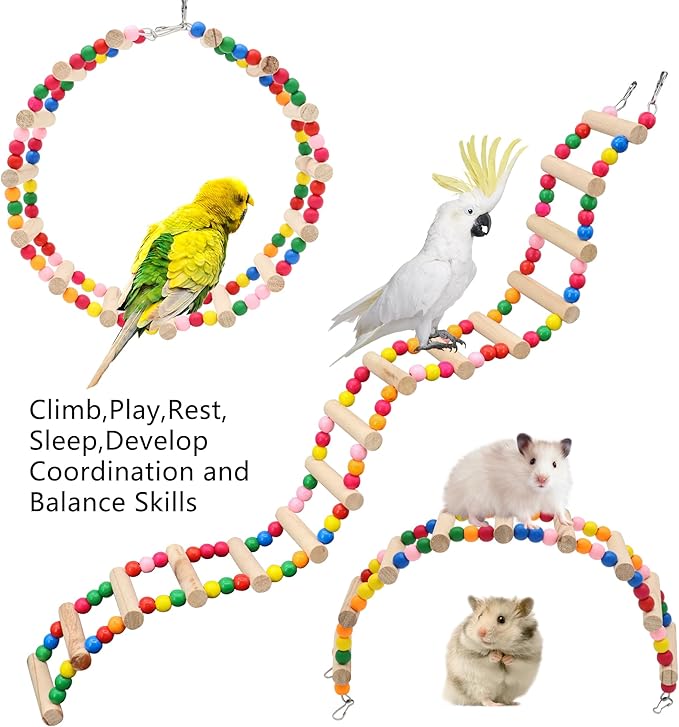 11-Step Bird Ladder Bridge,21.26 x 3.15 inch Raw Wood and Edible Dye,2 Pieces Pet Hamster Climbing Ladder Swing Toys Suitable for Small to Medium Birds,Bird Cage Accessories (11 Ladders -2pcs)