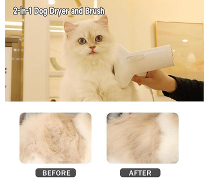 2-in-1 Dog Hair Dryer and Brush - Low Noise Operation, Overheating Protection, 3 Temperature & Airflow Settings, Self-Cleaning Button - Ideal Dog Brush for Short Haired Dogs (White)