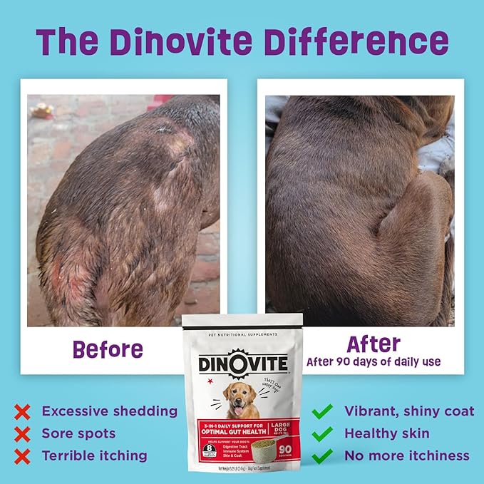 Dinovite Dog Probiotics for Yeast, Itchy Skin and Itchy Ears - Daily Skin & Coat, Digestive, and Immune Support for Small Dogs 1-18lbs  90-Day Supply, Omega 3 Fatty Acids, Essential Pre & Probiotics