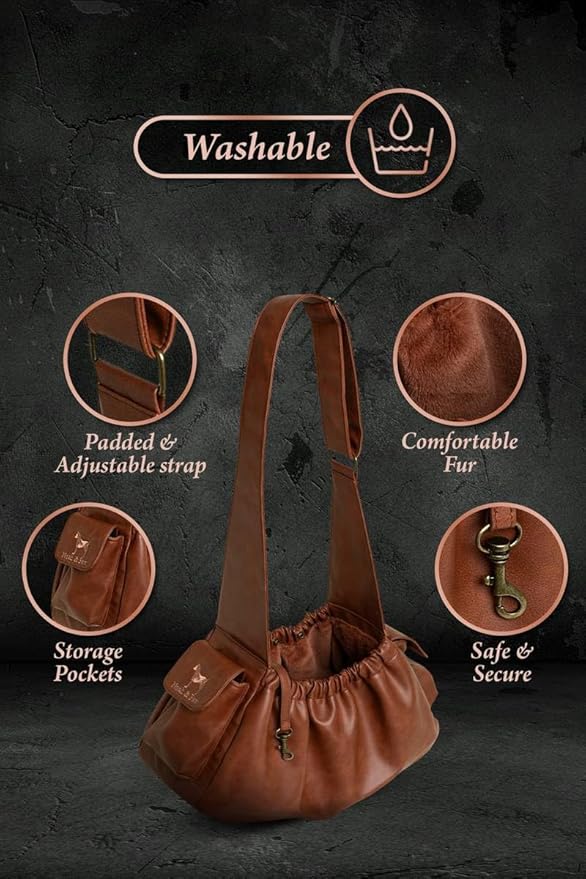 Noah & Paw Dog Sling Carrier for Small Dogs 5-18lb, Dog Sling for Small Dogs and Cats, Dog Carrier with Adjustable Padded Strap, Vegan Leather Lined with Fur, Double Safety Feature, Machine Washable