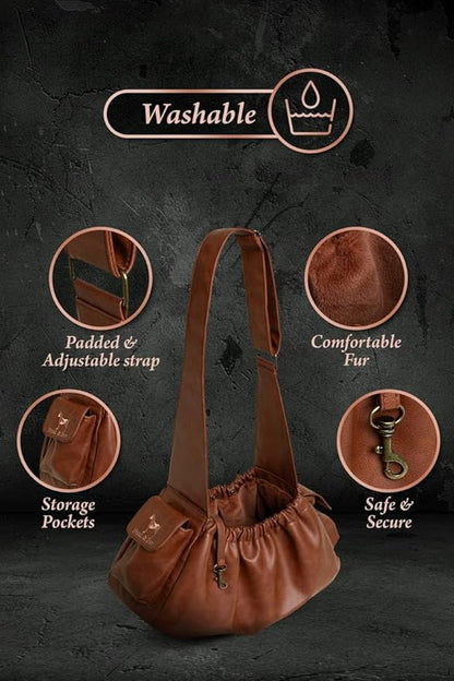 Noah & Paw Dog Sling Carrier for Small Dogs 5-18lb, Dog Sling for Small Dogs and Cats, Dog Carrier with Adjustable Padded Strap, Vegan Leather Lined with Fur, Double Safety Feature, Machine Washable