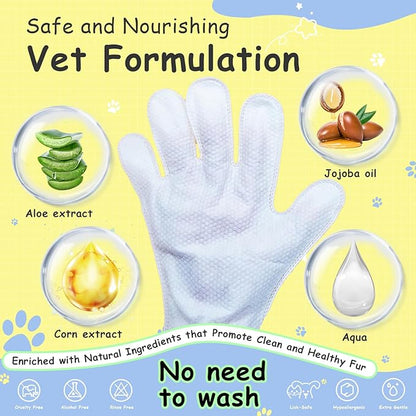 Hypoallergenic Cleaning Deodorizing Bath Wipes Gloves for Dogs Cats Gentle No-Rinse Nourishes Fur for Daily Use Travel Puppy Silver-ions