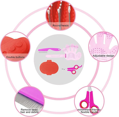 4 Pieces Bunny Grooming Kit with Rabbit Grooming Brush Pet Hair Remover Pet Nail Clipper Pet Comb Shampoo Bath Brush with Adjustable Ring Handle for Rabbit Hamster Bunny (Pink, Red)