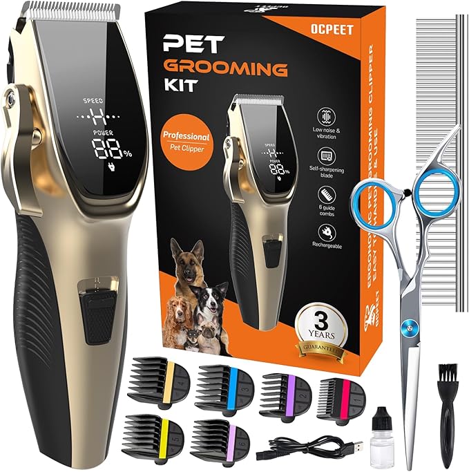 Dog Grooming Kit Low Noiseï¼_ordless 4 in 1 Dog Clippers for Grooming Rechargeable Pet Cat Trimmer with 2 Speed,6 Guards,Scissors,Comb for Small Medium Large Pets Dogs Cats Thick Hair Cutting(Gold)