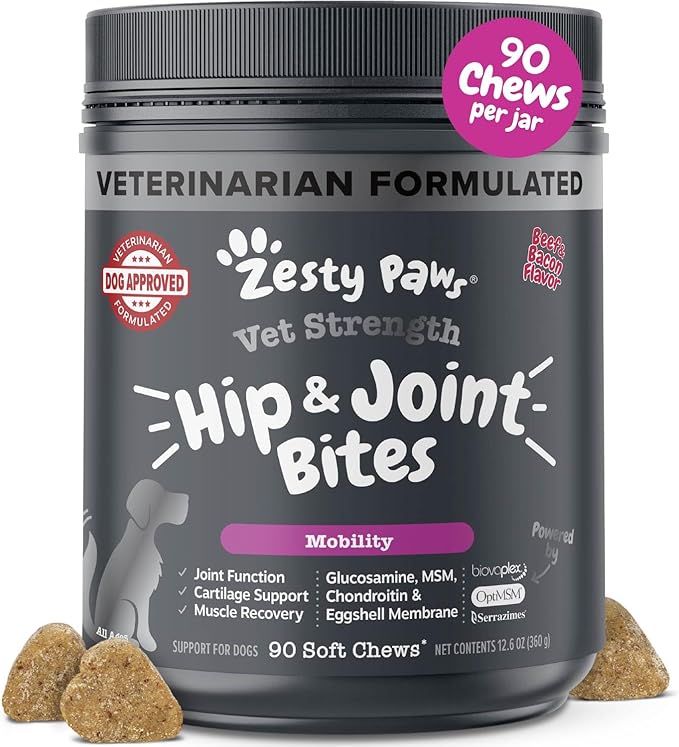 Zesty Paws Vet Strength Mobility Bites Beef & Bacon Flavor Hip & Joint Support Chews for Dogs with Glucosamine, Chondroitin, MSM, Hyaluronic Acid & Serrazimes - 90 Count