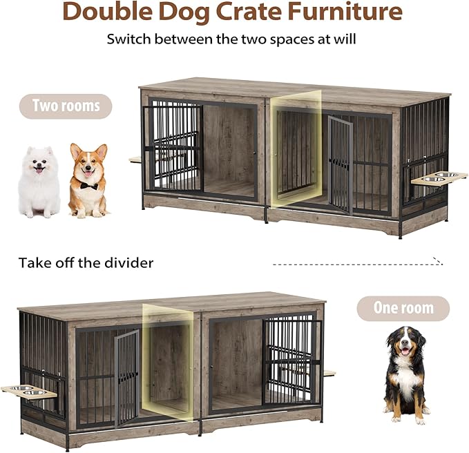 Rovibek 78 Double Dog Crate Furniture for 2 Large Dogs Indoor, Wooden Furniture Dog Crates with Dog Bowl, Dog Kennel Furniture TV Stand Large Breed Grey