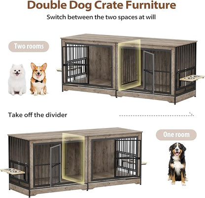 Rovibek 78 Double Dog Crate Furniture for 2 Large Dogs Indoor, Wooden Furniture Dog Crates with Dog Bowl, Dog Kennel Furniture TV Stand Large Breed Grey