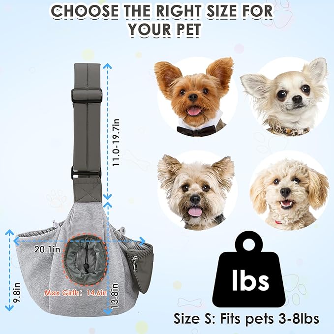 SlowTon Dog Carrier Sling - Puppy Carrier with Window and Storage Pocket Fits up to 12lbs, Dog Sling with Thick Adjustable Shoulder Strap and Safety Leash, Pet Carrier Bag for Small Dogs Cats(Grey S)