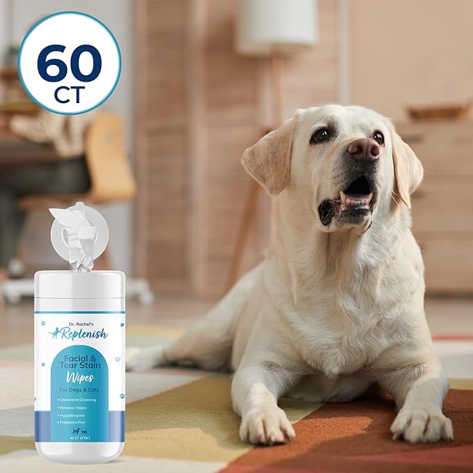 Replenish Facial and Tear Stain Remover Wipes for Dogs and Cats - Dog Wipes for Face - Gentle Cleaning Pet Eye Wipes for Cats - Dog Eye Wipes Tear Stain Remover Eye Discharge, and Crust - 60 Count