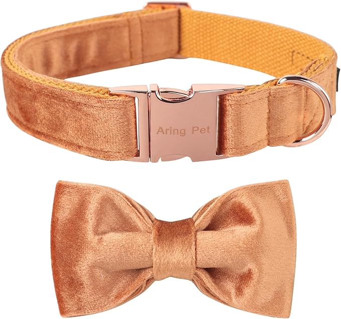 ARING PET Bowtie Dog Collar,Velvet Dog Collars with Detachable Bowtie, Yellow Soft Dog Collar,X-Large.