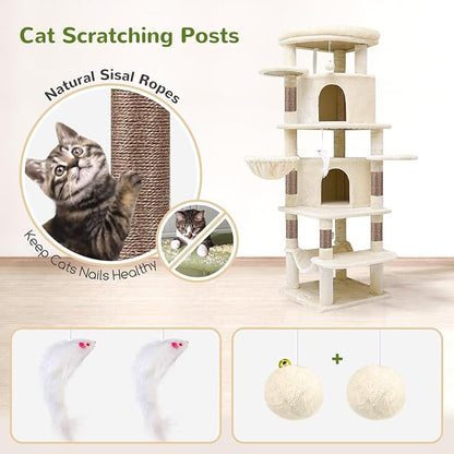 Globlazer Corner Cat Tree for Large Cats, 66inch Tall Curved Series Large Cat Tower for Multiple Indoor Cats with 6 Scratching Posts, 2 Spacious Cat Condos, Hammock, Hanging Basket, C66, Beige