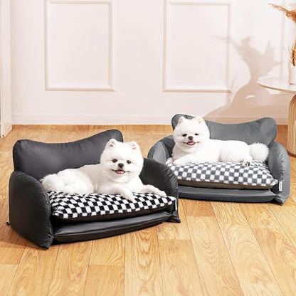 BurgeonNest Cat Couch Bed & Dog Sofa Bed for Small Dogs & Cats up to 15lbs, Double Layer Cushion Extra Comfort, Leather & Plush Material Scatch-Resistant, Waterproof, Grey