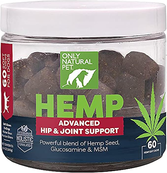 Only Natural Pet Hemp Advanced Mobility Support for Dogs Holistic Wellness Hip Bone Joint Health - Inflammatory Function Relieves Pain Stiffness Green Lipped Mussels Turmeric (HA) 60 Count